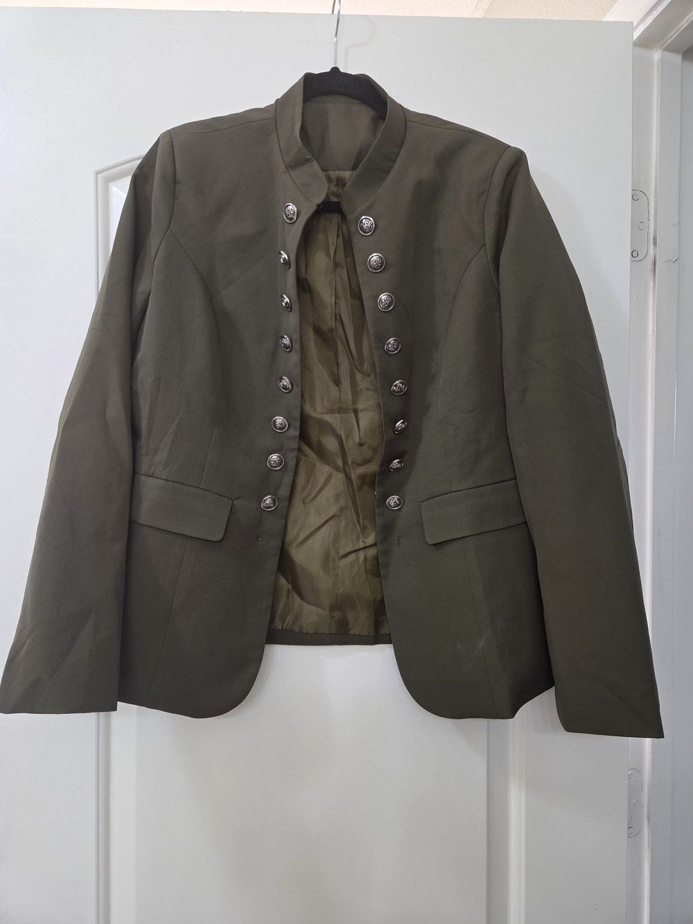 Military-Style Olive Green Blazer with Silver Buttons